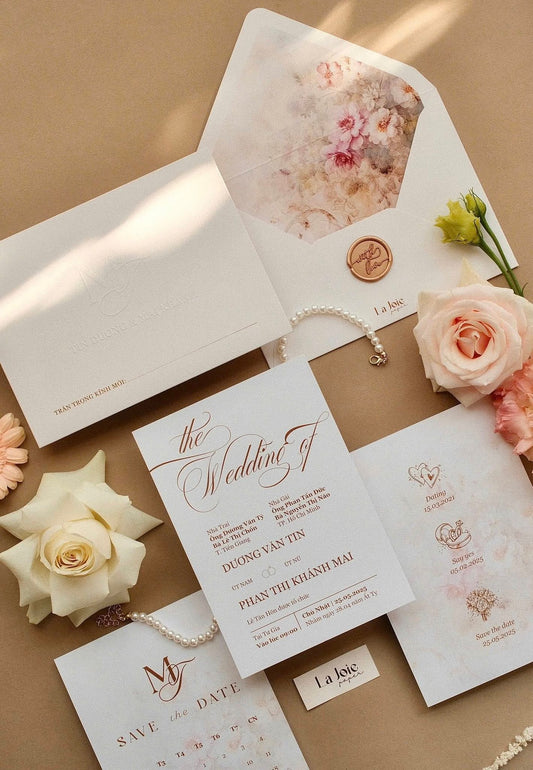 🌸Wedding invitation printed with PEACH blossoms and embossed letters🌸